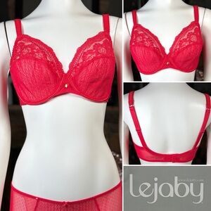 Lejaby Red Lace & Mesh Semi-Sheer Underwire Full Coverage Bra, Sz 32E